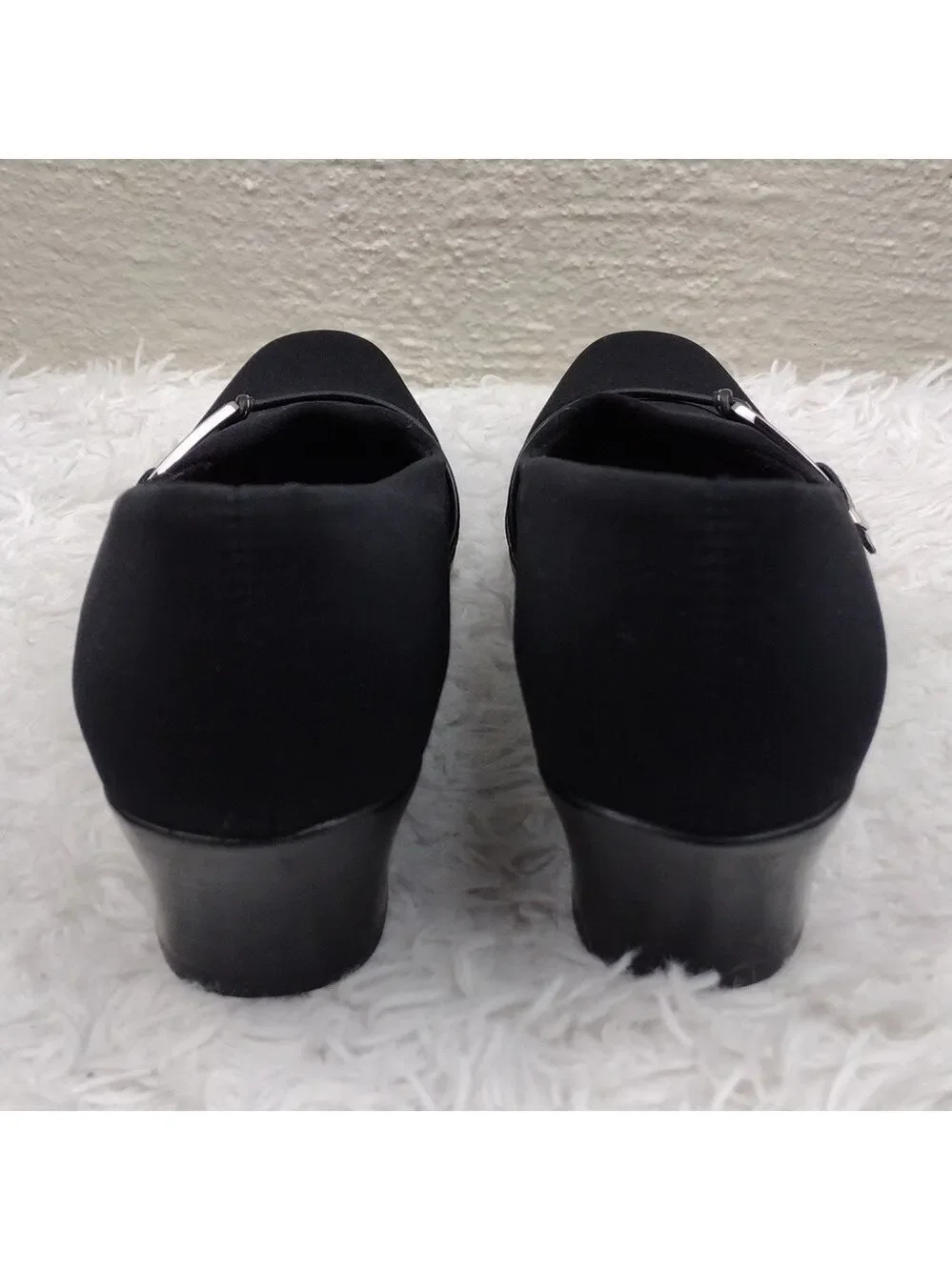 Munro Proper Size Black Fabric Buckle Detail Upper Square Toe Low Heel Shoe